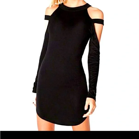 black cold shoulder bodycon dress The All The Glamour Black Mesh Off The Shoulder Bodycon Dress